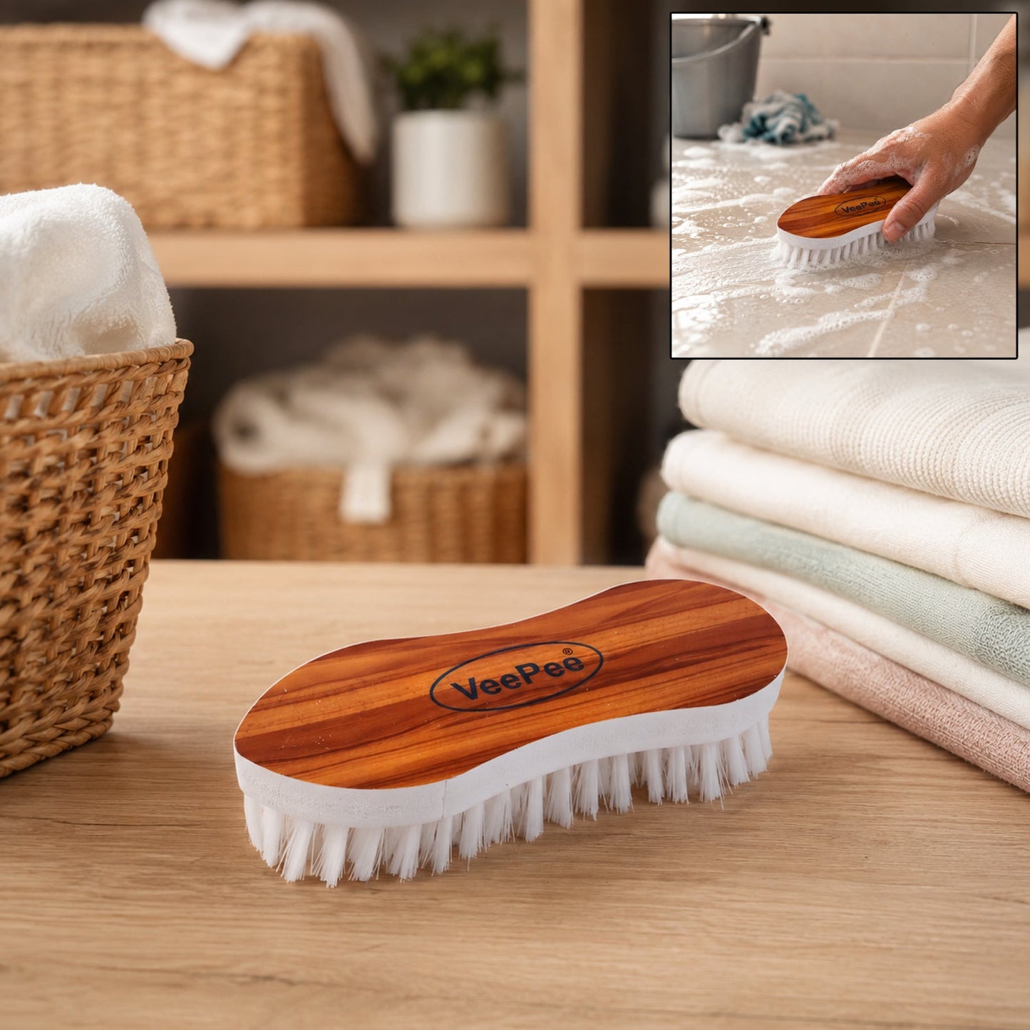 Cloth Washing Brush Lifestyle with Usage Inset